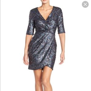 French Connection Black Iridescent Sequin Wrap Dress 6